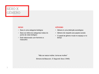 SEXO X
GÊNERO
SEXO
• Sexo é uma categoria biológica
• Sexo se refere às categorias inatas do
ponto de vista biológico
• Está relacionado com feminino e
masculino
GÊNERO
• Gênero é uma distinção sociológica
• Gênero diz respeito aos papeis sociais
• O papel de gênero muda no espaço e no
tempo
“Não se nasce mulher, torna-se mulher”
Simone de Beauvoir, O Segundo Sexo (1949)
3
 