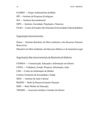 136 CASTRO • ABRAMOVAY 
GAMBÁ — Grupo Ambientalista da Bahia 
IPÊ — Instituto de Pesquisas Ecológicas 
ISA — Instituto Socioambiental 
ISPN — Instituto, Sociedade, População e Natureza 
CEAO — Centro de Estudos Afro-Orientais (Universidade Federal da Bahia) 
Organizações Governamentais 
Ibama — Instituto Brasileiro do Meio Ambiente e dos Recursos Naturais 
Renováveis 
Ministério do Meio Ambiente, dos Recursos Hídricos e da Amazônia Legal 
Organizações Não-Governamentais do Movimento de Mulheres 
CEMINA — Comunicação, Educação e Informação em Gênero 
CEPIA — Cidadania, Estudo, Pesquisa, Informação, Ação 
CIM — Centro de Informação da Mulher 
Coletivo Feminista da Sexualidade e Saúde 
IDAC — Instituto de Ação Cultural 
REDEH — Rede de Desenvolvimento Humano 
RME — Rede Mulher de Educação 
THEMIS — Assessoria Jurídica e Estudos de Gênero 
 