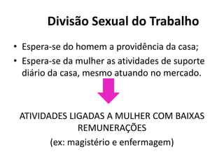 Divisão Sexual do Trabalho
• Espera-se do homem a providência da casa;
• Espera-se da mulher as atividades de suporte
diário da casa, mesmo atuando no mercado.
ATIVIDADES LIGADAS A MULHER COM BAIXAS
REMUNERAÇÕES
(ex: magistério e enfermagem)
 
