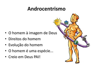 Androcentrismo
• O homem à imagem de Deus
• Direitos do homem
• Evolução do homem
• O homem é uma espécie...
• Creio em Deus PAI!
 