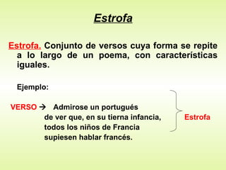 Estrofa Estrofa.   Conjunto de versos cuya forma se repite a lo largo de un poema, con características iguales. Ejemplo:  VERSO     Admirose un portugués de ver que, en su tierna infancia,  Estrofa todos los niños de Francia  supiesen hablar francés.   