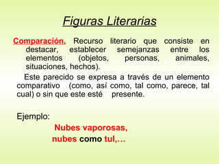 Figuras Literarias
Comparación. Recurso literario que consiste en
   destacar, establecer semejanzas entre los
   elementos       (objetos,  personas,    animales,
   situaciones, hechos).
   Este parecido se expresa a través de un elemento
 comparativo (como, así como, tal como, parece, tal
 cual) o sin que este esté presente.

Ejemplo:
           Nubes vaporosas,
           nubes como tul,…
 
