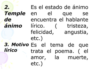 2. 
Temple 
de 
ánimo 
Es el estado de ánimo 
en el que se 
encuentra el hablante 
lírico. ( tristeza, 
felicidad, angustia, 
etc.) 
3. Motivo 
lírico 
Es el tema de que 
trata el poema. ( el 
amor, la muerte, 
etc.) 
 