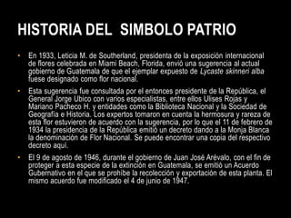 HISTORIA DEL SIMBOLO PATRIO
•   En 1933, Leticia M. de Southerland, presidenta de la exposición internacional
    de flores celebrada en Miami Beach, Florida, envió una sugerencia al actual
    gobierno de Guatemala de que el ejemplar expuesto de Lycaste skinneri alba
    fuese designado como flor nacional.
•   Esta sugerencia fue consultada por el entonces presidente de la República, el
    General Jorge Ubico con varios especialistas, entre ellos Ulises Rojas y
    Mariano Pacheco H. y entidades como la Biblioteca Nacional y la Sociedad de
    Geografía e Historia. Los expertos tomaron en cuenta la hermosura y rareza de
    esta flor estuvieron de acuerdo con la sugerencia, por lo que el 11 de febrero de
    1934 la presidencia de la República emitió un decreto dando a la Monja Blanca
    la denominación de Flor Nacional. Se puede encontrar una copia del respectivo
    decreto aquí.
•   El 9 de agosto de 1946, durante el gobierno de Juan José Arévalo, con el fin de
    proteger a esta especie de la extinción en Guatemala, se emitió un Acuerdo
    Gubernativo en el que se prohíbe la recolección y exportación de esta planta. El
    mismo acuerdo fue modificado el 4 de junio de 1947.
 