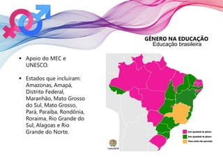 GÊNERO NA EDUCAÇÃO
Educação brasileira
 Apoio do MEC e
UNESCO.
 Estados que incluíram:
Amazonas, Amapá,
Distrito Federal,
Maranhão, Mato Grosso
do Sul, Mato Grosso,
Pará, Paraíba, Rondônia,
Roraima, Rio Grande do
Sul, Alagoas e Rio
Grande do Norte.
 