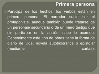 Primera personaParticipa de los hechos, los verbos están en primera persona. El narrador suele ser el protagonista, aunque también puede tratarse de un personaje secundario o de un mero testigo que sin participar en la acción, sabe lo ocurrido. Generalmente este tipo de obras tiene la forma de diario de vida, novela autobiográfica o epistolar (mediante cartas).