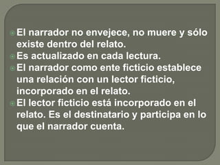 El narrador no envejece, no muere y sólo existe dentro del relato.Es actualizado en cada lectura. El narrador como ente ficticio establece una relación con un lector ficticio, incorporado en el relato.El lector ficticio está incorporado en el relato. Es el destinatario y participa en lo que el narrador cuenta.