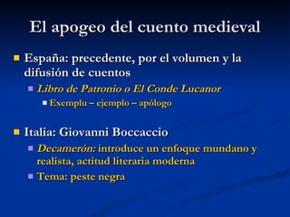 El apogeo del cuento medieval España: precedente, por el volumen y la difusión de cuentos Libro de Patronio o El Conde Lucanor Exemplu – ejemplo – apólogo Italia: Giovanni Boccaccio Decamerón:  introduce un enfoque mundano y realista, actitud literaria moderna Tema: peste negra 