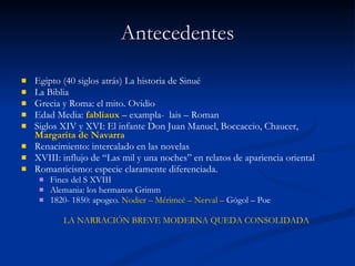 Antecedentes Egipto (40 siglos atrás) La historia de Sinué La Biblia  Grecia y Roma: el mito. Ovidio Edad Media:  fabliaux  – exampla-  lais – Roman Siglos XIV y XVI: El infante Don Juan Manuel, Boccaccio, Chaucer,  Margarita de Navarra Renacimiento: intercalado en las novelas XVIII: influjo de “Las mil y una noches” en relatos de apariencia oriental Romanticismo: especie claramente diferenciada.  Fines del S XVIII Alemania: los hermanos Grimm 1820- 1850: apogeo.  Nodier – Mérimeé – Nerval –  Gógol – Poe LA NARRACIÓN BREVE MODERNA QUEDA CONSOLIDADA 