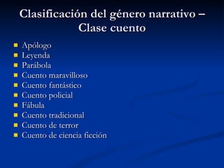 Clasificación del género narrativo – Clase cuento Apólogo Leyenda Parábola Cuento maravilloso Cuento fantástico Cuento policial Fábula Cuento tradicional Cuento de terror Cuento de ciencia ficción 