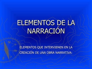 ELEMENTOS DE LA
   NARRACIÓN

ELEMENTOS QUE INTERVIENEN EN LA
CREACIÓN DE UNA OBRA NARRATIVA:
 