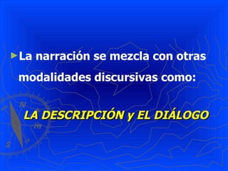 ►La   narración se mezcla con otras
 modalidades discursivas como:


 LA DESCRIPCIÓN y EL DIÁLOGO
 