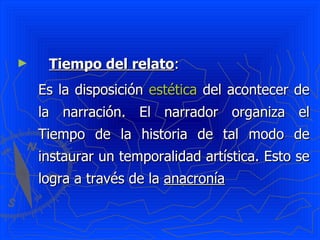 ►    Tiempo del relato:
    Es la disposición estética del acontecer de
    la narración. El narrador organiza el
    Tiempo de la historia de tal modo de
    instaurar un temporalidad artística. Esto se
    logra a través de la anacronía
 