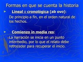 Formas en que se cuenta la historia
►     Lineal o cronológica (ab ovo):
    De principio a fin, en el orden natural de
    los hechos.

►     Comienzo in media res:
    La narración se inicia en un punto
    intermedio, por lo que el relato debe
    retroceder para recuperar el inicio.
 