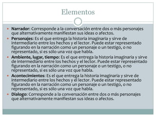Elementos
 Narrador: Corresponde a la conversación entre dos o más personajes
que alternativamente manifiestan sus ideas o afectos.
 Personajes: Es el que entrega la historia imaginaria y sirve de
intermediario entre los hechos y el lector. Puede estar representado
figurando en la narración como un personaje o un testigo, o no
representado, si es sólo una voz que habla.
 Ambiente, lugar, tiempo: Es el que entrega la historia imaginaria y sirve
de intermediario entre los hechos y el lector. Puede estar representado
figurando en la narración como un personaje o un testigo, o no
representado, si es sólo una voz que habla.
 Acontecimientos: Es el que entrega la historia imaginaria y sirve de
intermediario entre los hechos y el lector. Puede estar representado
figurando en la narración como un personaje o un testigo, o no
representado, si es sólo una voz que habla.
 Dialogo: Corresponde a la conversación entre dos o más personajes
que alternativamente manifiestan sus ideas o afectos.
 