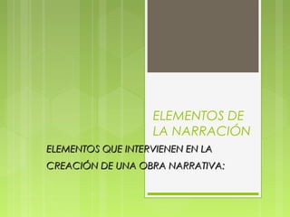 ELEMENTOS DE
LA NARRACIÓN
ELEMENTOS QUE INTERVIENEN EN LAELEMENTOS QUE INTERVIENEN EN LA
CREACIÓN DE UNA OBRA NARRATIVA:CREACIÓN DE UNA OBRA NARRATIVA:
 