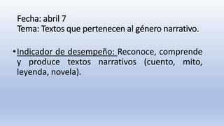 Fecha: abril 7
Tema: Textos que pertenecen al género narrativo.
•Indicador de desempeño: Reconoce, comprende
y produce textos narrativos (cuento, mito,
leyenda, novela).
 
