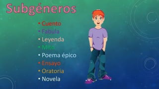 • Cuento
• Fabula
• Leyenda
• Mito
• Poema épico
• Ensayo
• Oratoria
• Novela
 