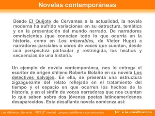 Los Géneros Literarios NM2 (2° medio) Lengua castellana y comunicación
Novelas contemporáneas
Desde El Quijote de Cervante...