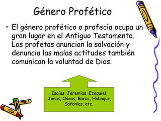 Género Profético El género profético o profecía ocupa un gran lugar en el Antiguo Testamento. Los profetas anuncian la salvación y denuncia las malas actitudes también comunican la voluntad de Dios. Isaías, Jeremías, Ezequiel, Jonas, Oseas, Baruc, Habaquc, Sofonías, etc.  