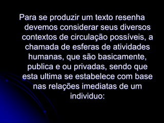 Para se produzir um texto resenha
devemos considerar seus diversos
contextos de circulação possíveis, a
chamada de esferas de atividades
humanas, que são basicamente,
publica e ou privadas, sendo que
esta ultima se estabelece com base
nas relações imediatas de um
individuo:

 