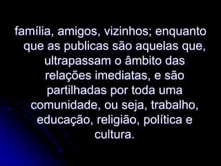 família, amigos, vizinhos; enquanto
que as publicas são aquelas que,
ultrapassam o âmbito das
relações imediatas, e são
partilhadas por toda uma
comunidade, ou seja, trabalho,
educação, religião, política e
cultura.

 
