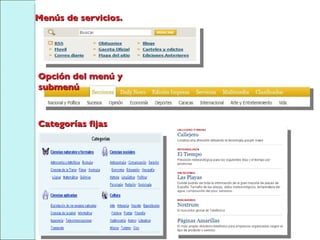 Menús de servicios. Opción del menú y submenú Categorías fijas  