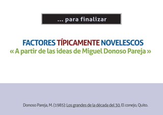 ... para finalizar



    FACTORES TÍPICAMENTE NOVELESCOS
« A partir de las ideas de Miguel Donoso Pareja »




    Donoso Pareja, M. (1985): Los grandes de la década del 30, El conejo, Quito.
 