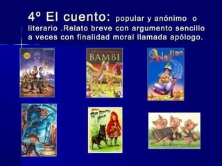 4º El cuento:4º El cuento: popular y anónimo opopular y anónimo o
literario .Relato breve con argumento sencilloliterario .Relato breve con argumento sencillo
a veces con finalidad moral llamada apólogo.a veces con finalidad moral llamada apólogo.
 