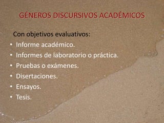 GÉNEROS DISCURSIVOS ACADÉMICOS
Con objetivos evaluativos:
• Informe académico.
• Informes de laboratorio o práctica.
• Pruebas o exámenes.
• Disertaciones.
• Ensayos.
• Tesis.
 