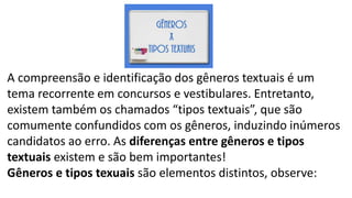 A compreensão e identificação dos gêneros textuais é um
tema recorrente em concursos e vestibulares. Entretanto,
existem também os chamados “tipos textuais”, que são
comumente confundidos com os gêneros, induzindo inúmeros
candidatos ao erro. As diferenças entre gêneros e tipos
textuais existem e são bem importantes!
Gêneros e tipos texuais são elementos distintos, observe:
 