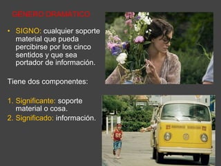 GÉNERO DRAMÁTICO
• SIGNO: cualquier soporte
material que pueda
percibirse por los cinco
sentidos y que sea
portador de información.
Tiene dos componentes:
1. Significante: soporte
material o cosa.
2. Significado: información.
 