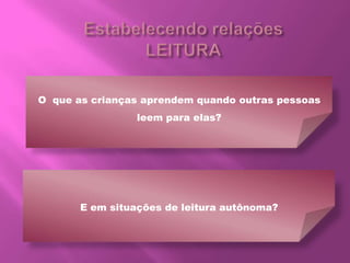 O que as crianças aprendem quando outras pessoas
leem para elas?
E em situações de leitura autônoma?
 