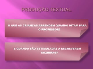 O QUE AS CRIANÇAS APRENDEM QUANDO DITAM PARA
O PROFESSOR?
E QUANDO SÃO ESTIMULADAS A ESCREVEREM
SOZINHAS?
 