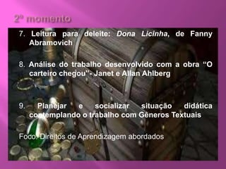 7. Leitura para deleite: Dona Licinha, de Fanny
Abramovich
8. Análise do trabalho desenvolvido com a obra “O
carteiro chegou”- Janet e Allan Ahlberg
9. Planejar e socializar situação didática
contemplando o trabalho com Gêneros Textuais
Foco: Direitos de Aprendizagem abordados
 
