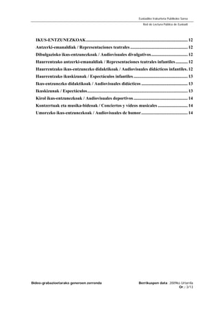 Bideo-grabazioetarako generoen zerrenda Berrikuspen data: 2009ko Urtarrila
Or.: 3/13
Euskadiko Irakurketa Publikoko Sarea
Red de Lectura Pública de Euskadi
IKUS-ENTZUNEZKOAK............................................................................................ 12
Antzerki-emanaldiak / Representaciones teatrales .................................................... 12
Dibulgazioko ikus-entzunezkoak / Audiovisuales divulgativos................................. 12
Haurrentzako antzerki-emanaldiak / Representaciones teatrales infantiles........... 12
Haurrentzako ikus-entzunezko didaktikoak / Audiovisuales didácticos infantiles. 12
Haurrentzako ikuskizunak / Espectáculos infantiles ................................................. 13
Ikus-entzunezko didaktikoak / Audiovisuales didácticos .......................................... 13
Ikuskizunak / Espectáculos........................................................................................... 13
Kirol ikus-entzunezkoak / Audiovisuales deportivos ................................................. 14
Kontzertuak eta musika-bideoak / Conciertos y vídeos musicales ........................... 14
Umorezko ikus-entzunezkoak / Audiovisuales de humor.......................................... 14
 