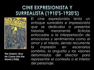 El cine expresionista tenía un
                   enfoque surrealista e impresionista
                   que se dedicaba a presentar
                   historias    meramente      ficticias
                   enfocadas a la interpretación de
                   emociones y sentimientos como el
                   amor y el miedo, siendo recurrente
                   la     impresión   en    escenarios
                   sombríos, la angustia y las visiones
The Golem: How
He Came into the   deformadas del director para
World (1920).      representar el contexto o el interior
                   del personaje.
 
