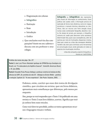 Seqüência didática Gêneros de divulgação científica
38
Diagramação em colunas
Infográfico
Ilustração
Boxe
Introdução
Gráfico
c. Que conclusões você tira das com-
parações? Anote em seu caderno e
discuta com seu professor e seus
colegas.
Podemos, então, concluir que esses dois textos de divulgação
científica, quer circulem em revistas, quer em livros didáticos,
apresentam mais semelhanças que diferenças, pelo menos por
enquanto.
Sim, porque se você respondeu que o Texto 1 foi publicado em uma
revista e o Texto 2 num livro didático, acertou. Significa que você
já conhece bem esses veículos.
Como você deve ter percebido, ambos os textos apresentam recur-
sos e linguagens visuais e verbais.
Créditos dos textos das págs. 36 e 37
Texto 1: José Luiz Flores Machado (geólogo da CPRM/Serviço Geológico do
Brasil), em “A redescoberta do Aqüífero Guarani”. Scientific American Brasil,
n. 47, abr./2006.
Texto 2: Oswaldo Frota-Pessoa (biólogo e professor emérito do Instituto de Bio-
ciências da USP), Os caminhos da vida III – Biologia no Ensino Médio – genética
e evolução. Capítulo 12: “A nova engenharia”. São Paulo: Scipione, 2001.
Infografia ou infográficos são representa-
ções visuais de informação ou conhecimento. Esses
gráficos são usados onde a informação precisa ser
explicada de forma mais dinâmica, como em mapas,
jornalismo e manuais técnicos, educativos ou cien-
tíficos. São um recurso com forte atração visual,
muitas vezes combinando fotografia, desenho e tex-
to. No design de jornais, por exemplo, o infográfico
costuma ser usado para descrever como aconteceu
determinado fato, quais suas conseqüências, além de
explicar, por meio de ilustrações, diagramas e textos,
fatos que o texto ou a foto não conseguem detalhar.
Também são úteis para cientistas como ferramentas
de comunicação visual, sendo aplicados em todos os
aspectos da visualização científica.
http://pt.wikipedia.org/wiki/Infográfico
Acesso em 16/07/2006.
 