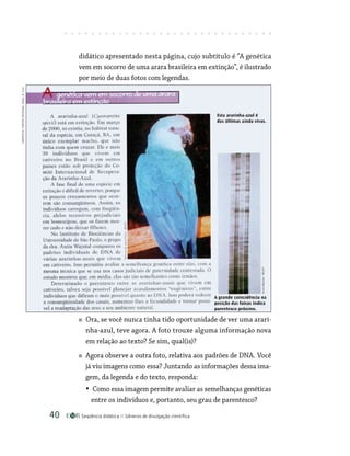Seqüência didática Gêneros de divulgação científica
40
didático apresentado nesta página, cujo subtítulo é “A genética
vem em socorro de uma arara brasileira em extinção”, é ilustrado
por meio de duas fotos com legendas.
Ora, se você nunca tinha tido oportunidade de ver uma arari-
nha-azul, teve agora. A foto trouxe alguma informação nova
em relação ao texto? Se sim, qual(is)?
Agora observe a outra foto, relativa aos padrões de DNA. Você
já viu imagens como essa? Juntando as informações dessa ima-
gem, da legenda e do texto, responda:
• Como essa imagem permite avaliar as semelhanças genéticas
entre os indivíduos e, portanto, seu grau de parentesco?
Crédito:
Frota-Pessoa,
2001, p.
133
 