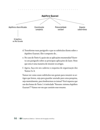 Seqüência didática Gêneros de divulgação científica
66
Aqüífero Guarani
Aqüíferos diversificados
O Aqüífero
no Rio Grande
Constituição
complexa
Potencialidade
variável
Gigante
subterrâneo
d. Transforme num parágrafo o que os subtítulos dizem sobre o
Aqüífero Guarani. Ele é composto de...
e. No caso do Texto 4, quais são as aplicações enumeradas? Escre-
va um parágrafo sobre as principais aplicações do laser. Note
que esta é uma maneira de resumir os artigos.
f. Agora, faça em seu caderno o esquema de organização dos
­
Textos 3 e 4.
Vamos ver como esses subtítulos nos guiam para resumir os ar-
tigos que lemos, seja para guardar anotado para uma pesquisa,
seja mentalmente, para lembrarmos os temas? Você reparou que
um dos boxes do Texto 1 é intitulado “Resumo: sistema Aqüífero
Guarani”? Vamos ver em que consiste esse resumo.
 