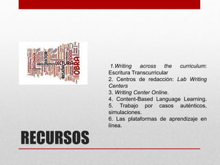 RECURSOS
1.Writing across the curriculum:
Escritura Transcurricular
2. Centros de redacción: Lab Writing
Centers
3. Writing Center Online.
4. Content-Based Language Learning.
5. Trabajo por casos auténticos,
simulaciones.
6. Las plataformas de aprendizaje en
línea.
 