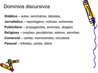 Domínios discursivos
Didático – aulas, seminários, debates,
Jornalístico – reportagens, notícias, entrevista
Publicitário – propagandas, anúncios, slogans
Religioso – orações, jaculatórias, salmos, sermões
Comercial – cartas, memorandos, circulares
Pessoal – bilhetes, cartas, diário

 