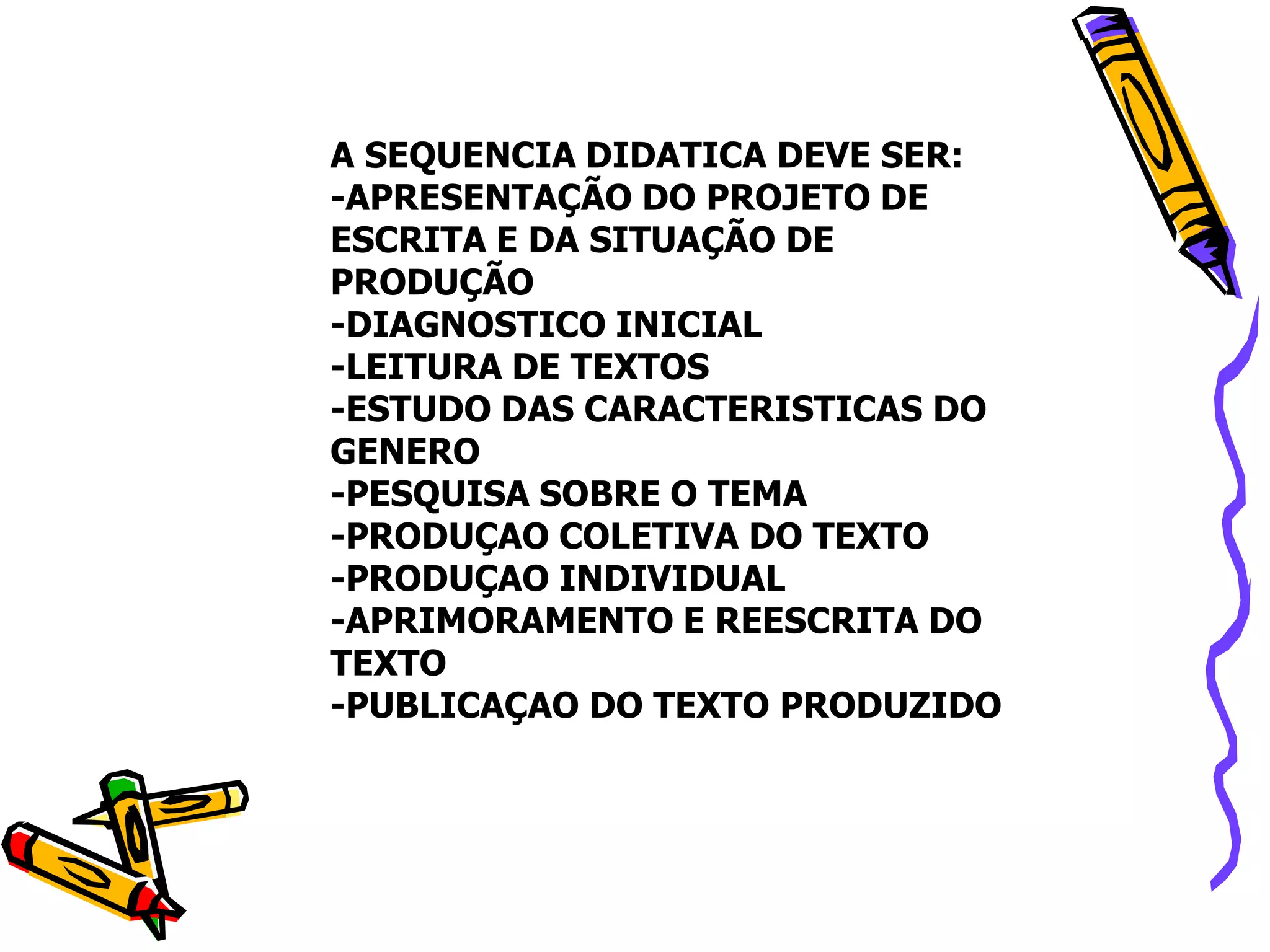 A SEQUENCIA DIDATICA DEVE SER:
-APRESENTAÇÃO DO PROJETO DE
ESCRITA E DA SITUAÇÃO DE
PRODUÇÃO
-DIAGNOSTICO INICIAL
-LEITURA DE TEXTOS
-ESTUDO DAS CARACTERISTICAS DO
GENERO
-PESQUISA SOBRE O TEMA
-PRODUÇAO COLETIVA DO TEXTO
-PRODUÇAO INDIVIDUAL
-APRIMORAMENTO E REESCRITA DO
TEXTO
-PUBLICAÇAO DO TEXTO PRODUZIDO

 