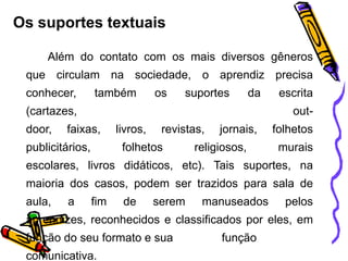 Os suportes textuais
Além do contato com os mais diversos gêneros
que circulam na sociedade, o aprendiz precisa
conhecer,

também

os

suportes

da

(cartazes,
door,

escrita

out-

faixas,

publicitários,

livros,

revistas,

folhetos

jornais,

religiosos,

folhetos
murais

escolares, livros didáticos, etc). Tais suportes, na
maioria dos casos, podem ser trazidos para sala de
aula,

a

fim

de

serem

manuseados

pelos

aprendizes, reconhecidos e classificados por eles, em
função do seu formato e sua
comunicativa.

função

 