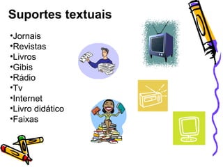 •Jornais
•Revistas
•Livros
•Gibis
•Rádio
•Tv
•Internet
•Livro didático
•Faixas
Suportes textuais
 