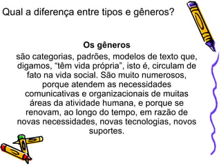 Qual a diferença entre tipos e gêneros?
Os gêneros
são categorias, padrões, modelos de texto que,
digamos, “têm vida própria”, isto é, circulam de
fato na vida social. São muito numerosos,
porque atendem as necessidades
comunicativas e organizacionais de muitas
áreas da atividade humana, e porque se
renovam, ao longo do tempo, em razão de
novas necessidades, novas tecnologias, novos
suportes.
 