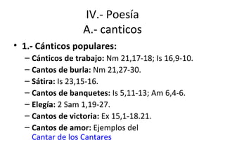 IV.- Poesía A.- canticos 1.- Cánticos populares:   Cánticos de trabajo:  Nm 21,17-18; Is 16,9-10.  Cantos de burla:  Nm 21,27-30.  Sátira:  Is 23,15-16.  Cantos de banquetes:  Is 5,11-13; Am 6,4-6.  Elegía:  2 Sam 1,19-27.  Cantos de victoria:  Ex 15,1-18.21.  Cantos de amor:  Ejemplos del  Cantar de los Cantares   