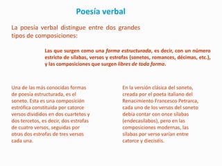 Poesía verbal
La poesía verbal distingue entre dos grandes
tipos de composiciones:

               Las que surgen como una forma estructurada, es decir, con un número
               estricto de sílabas, versos y estrofas (sonetos, romances, décimas, etc.),
               y las composiciones que surgen libres de toda forma.



Una de las más conocidas formas                  En la versión clásica del soneto,
de poesía estructurada, es el                    creada por el poeta italiano del
soneto. Esta es una composición                  Renacimiento Francesco Petrarca,
estrófica constituida por catorce                cada uno de los versos del soneto
versos divididos en dos cuartetos y              debía contar con once sílabas
dos tercetos, es decir, dos estrofas             (endecasílabos), pero en las
de cuatro versos, seguidas por                   composiciones modernas, las
otras dos estrofas de tres versos                sílabas por verso varían entre
cada una.                                        catorce y dieciséis.
 