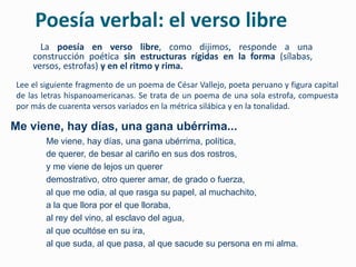 Poesía verbal: el verso libre
      La poesía en verso libre, como dijimos, responde a una
    construcción poética sin estructuras rígidas en la forma (sílabas,
    versos, estrofas) y en el ritmo y rima.
Lee el siguiente fragmento de un poema de César Vallejo, poeta peruano y figura capital
de las letras hispanoamericanas. Se trata de un poema de una sola estrofa, compuesta
por más de cuarenta versos variados en la métrica silábica y en la tonalidad.

Me viene, hay días, una gana ubérrima...
        Me viene, hay días, una gana ubérrima, política,
        de querer, de besar al cariño en sus dos rostros,
        y me viene de lejos un querer
        demostrativo, otro querer amar, de grado o fuerza,
        al que me odia, al que rasga su papel, al muchachito,
        a la que llora por el que lloraba,
        al rey del vino, al esclavo del agua,
        al que ocultóse en su ira,
        al que suda, al que pasa, al que sacude su persona en mi alma.
 