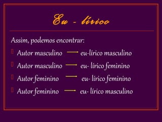 Eu - lírico
Assim, podemos encontrar:
 Autor masculino      eu-lírico masculino
 Autor masculino      eu- lírico feminino
 Autor feminino        eu- lírico feminino
 Autor feminino       eu- lírico masculino
 